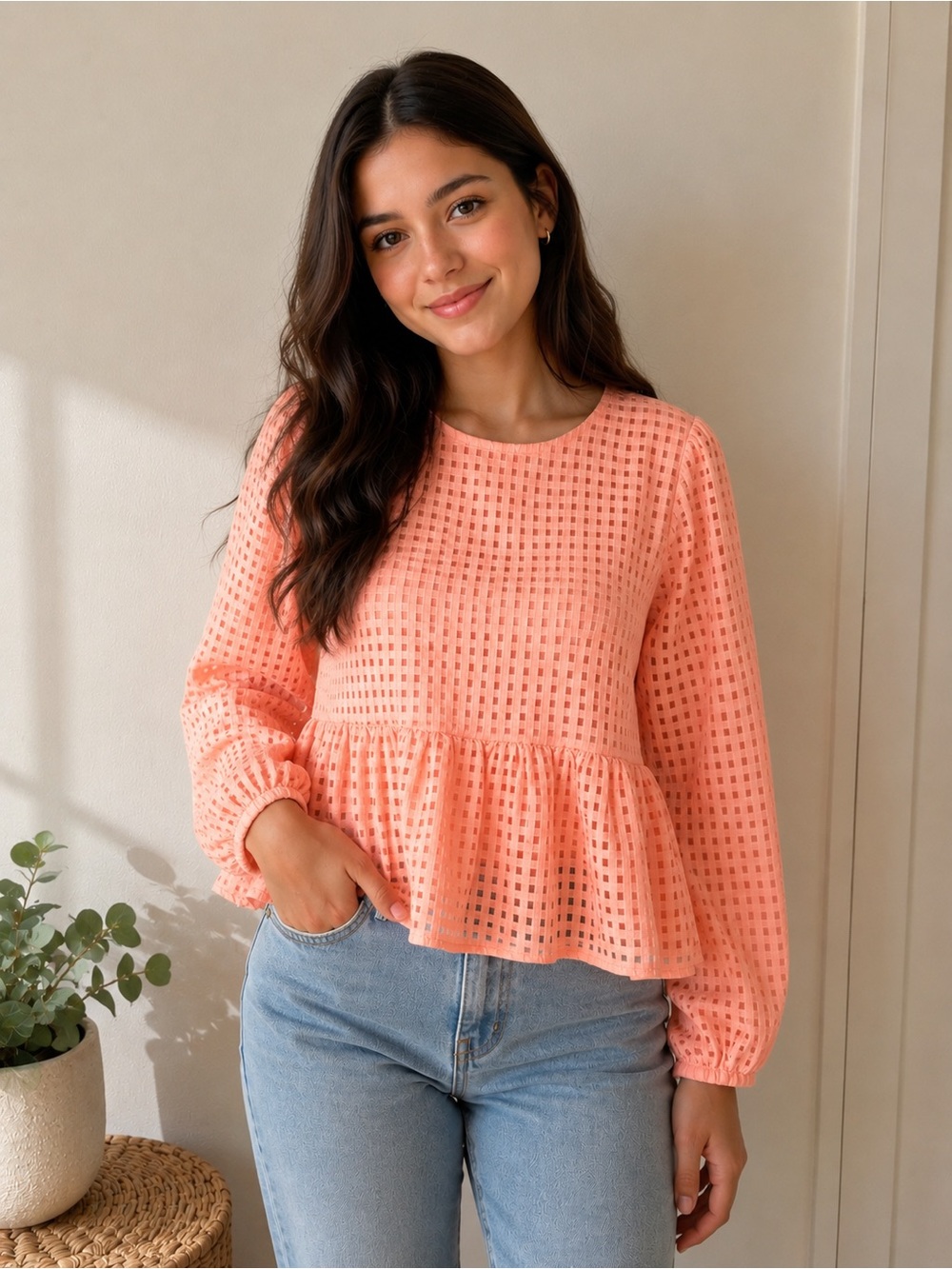 Versona Coral Square Eyelet Peplum Long-Sleeve Blouse